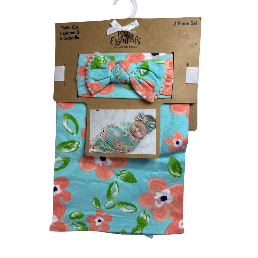 Baby Essentials Floral Swaddle Blanket and Headband Set Teal Orange 2 Piece NWT